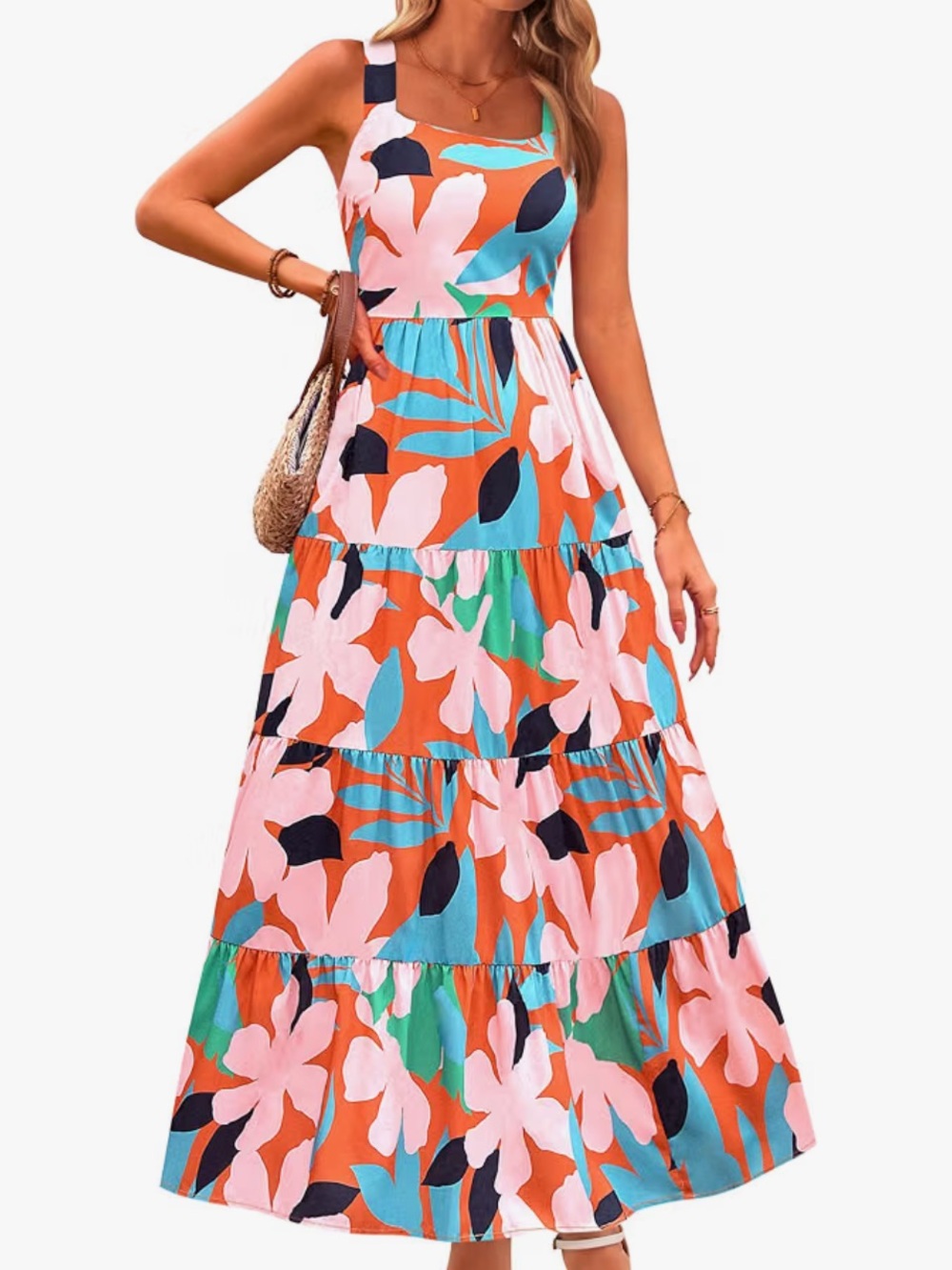 Sleeveless Floral Tiered Maxi Dress in Orange, Pink & Blue